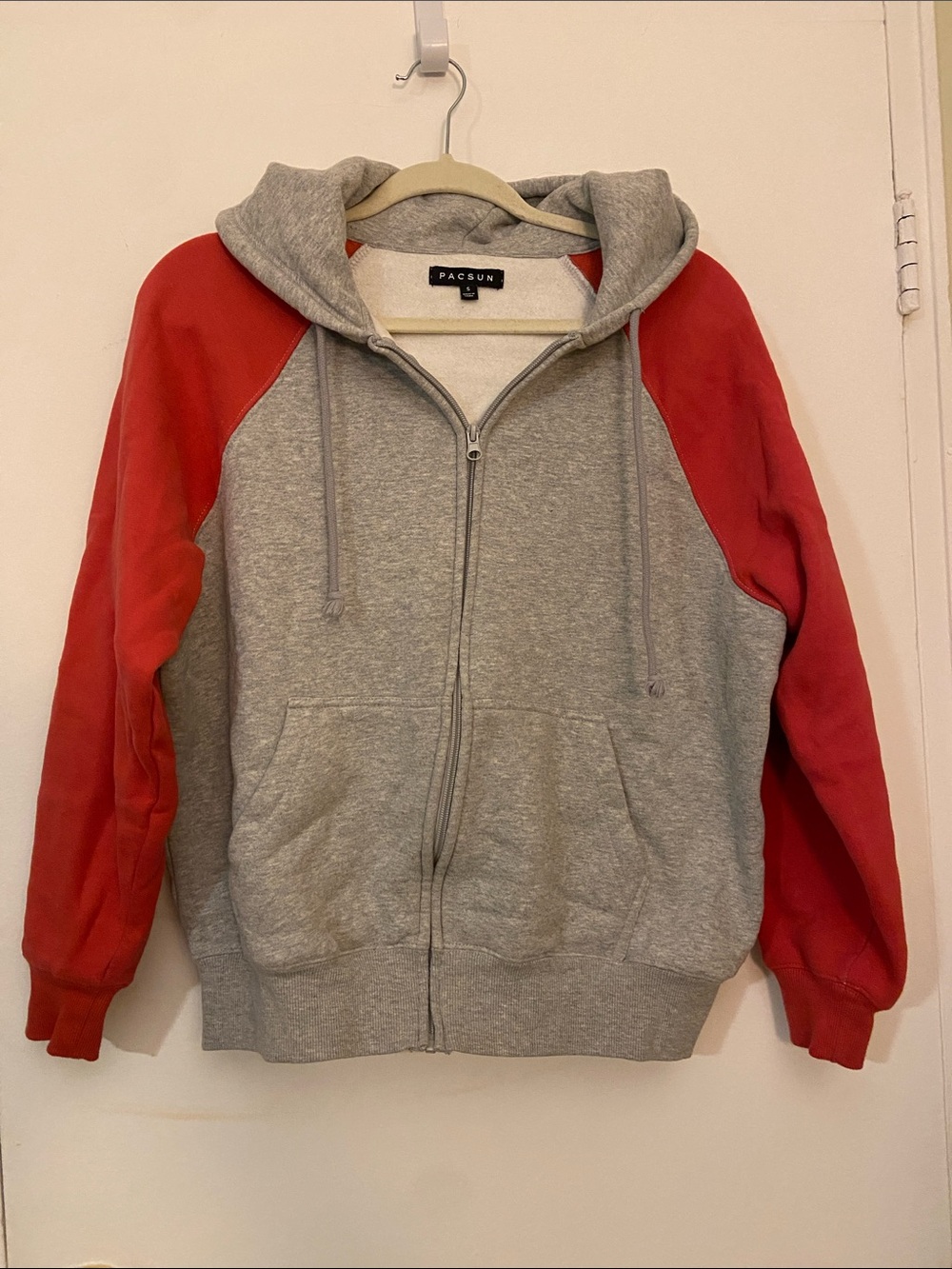 PacSun Grey Zip-Up Hoodie with Red Raglan Sleeves